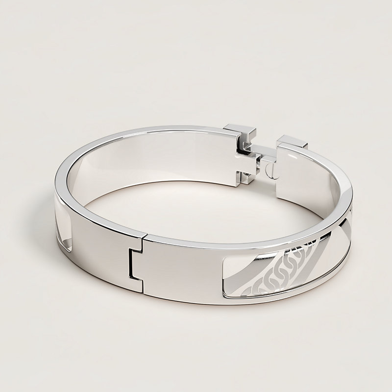 Clic H Tartan & Chaines Obliques bracelet - White | Hermès USA
