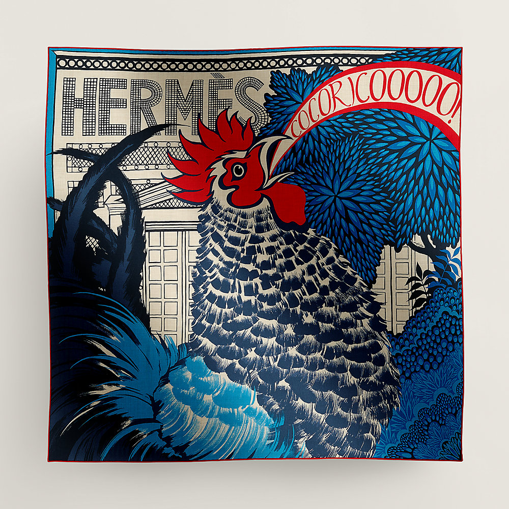 Cocoricooooo! scarf 100 - Blue | Hermès Singapore