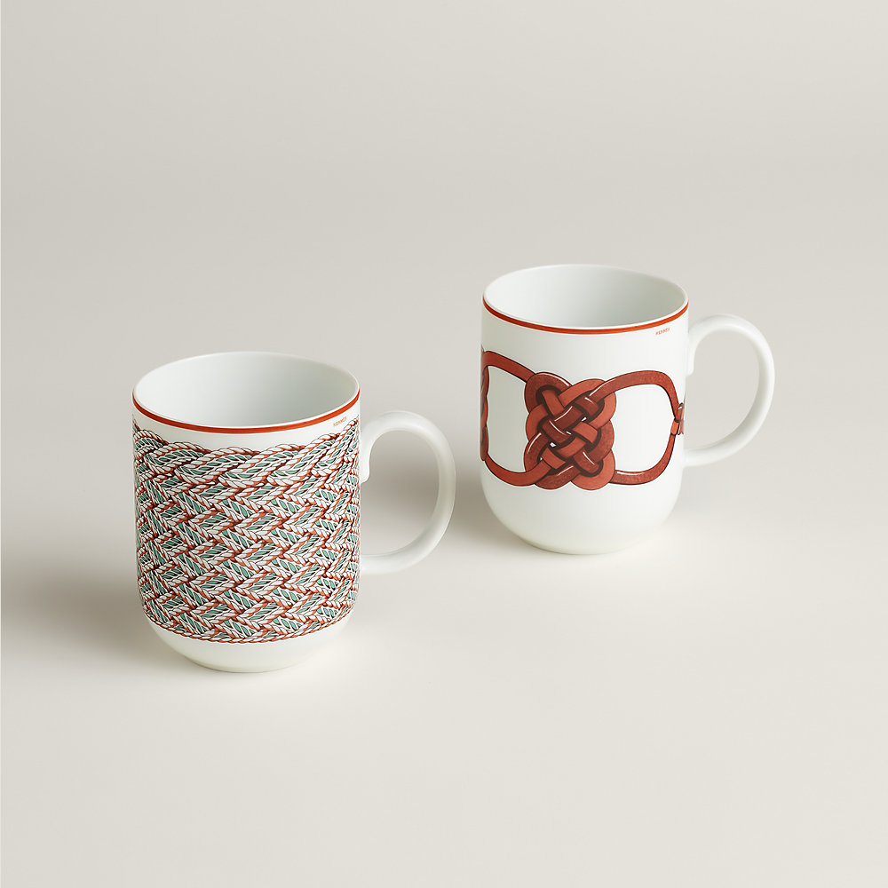 Lot De 2 Mugs Décorés - Motif Chouette Rouge Et Fleurs Bleues - Porcelaine Neuve - Parfait Pour Café Ou Thé