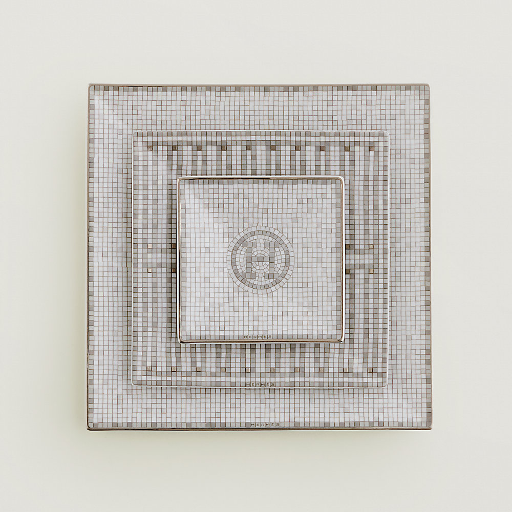 Plateau Carré Hermès Mosaïque Au 24 En Porcelaine Blanche Et Platine - 23 Cm, Avec Boîte