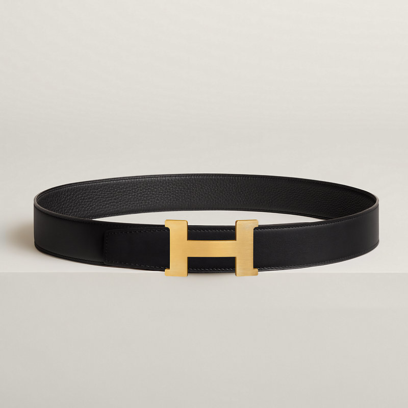 HERMES Logo Constance Reversible H Buckle Belt Leather #72 Black