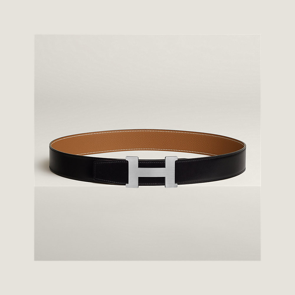 BOUCLE BELT BUCKLE & REVERSIBLE CHOCOLATE BROWN AND BLACK LEATHER STRAP 38MM SILVER HARDWARE