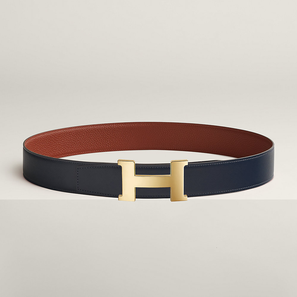 H CONSTANCE REVERSIBLE BELT 38MM BLACK BUCKLE GOLD TIN GREY LEATHER