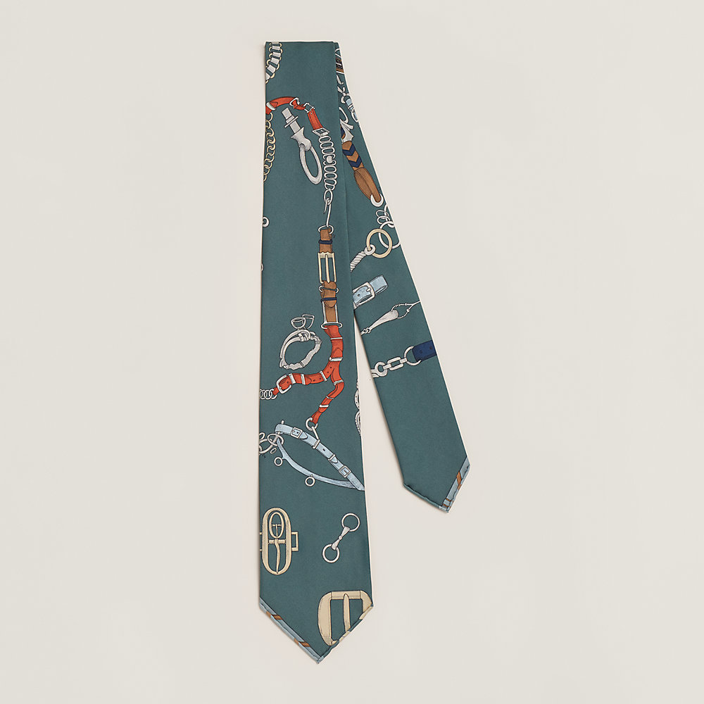Cravate Hermès Paris Vintage 100% Soie - Motif Chevaux, Couleurs Orange Rouille, Blanc Et Vert