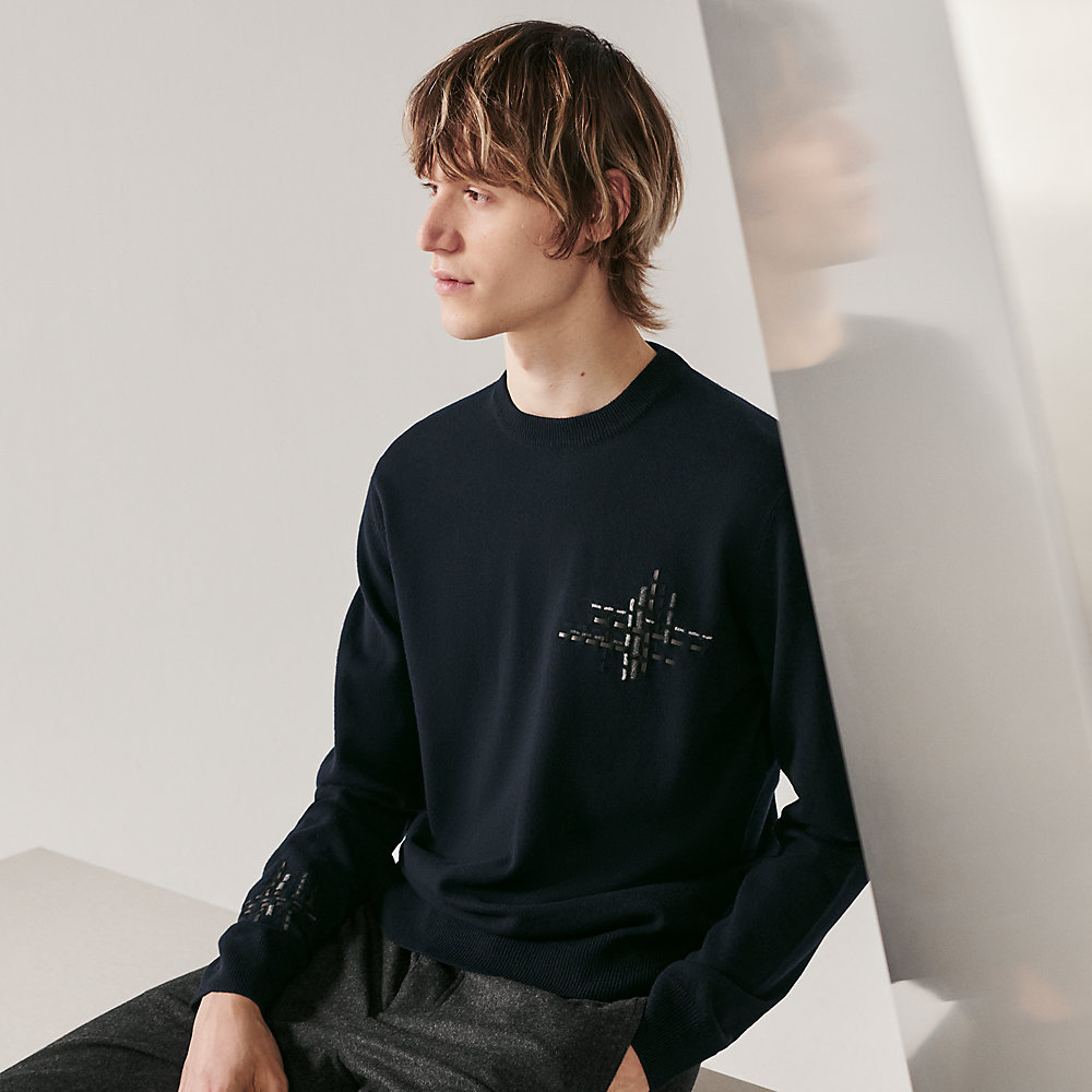 Crewneck sweater with leather detail | Hermès UK