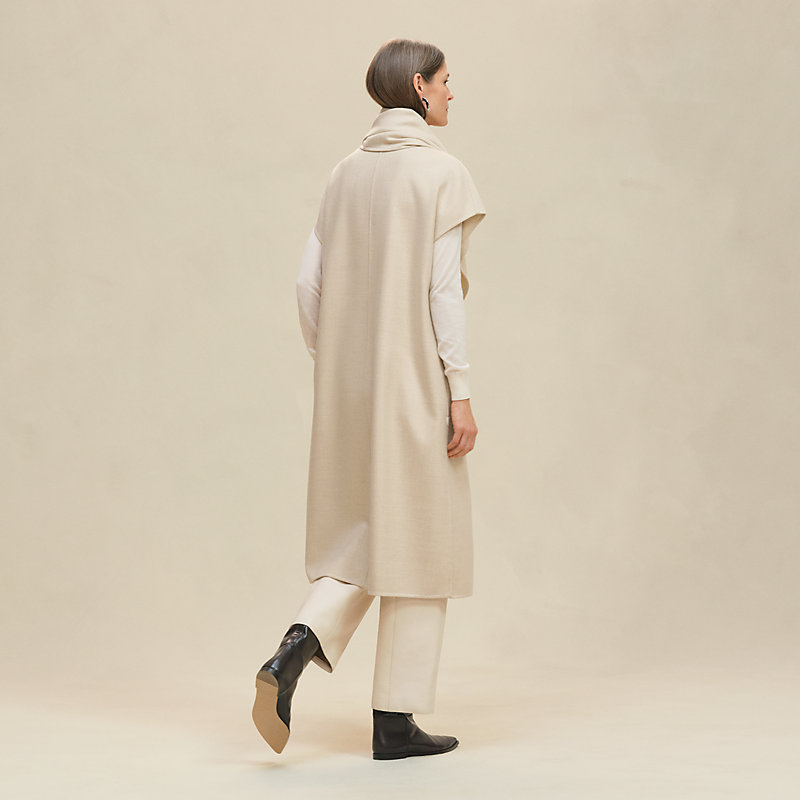 Draped collar long vest - White | Hermès Macau SAR