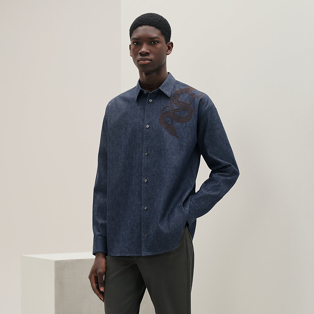 Embroidered boxy fit denim shirt - Grey - 43 | Hermès USA