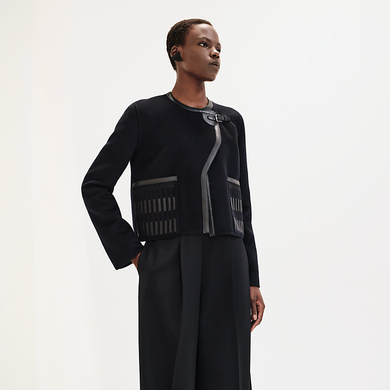 Embroidered jacket with leather details - Blue | Hermès Canada