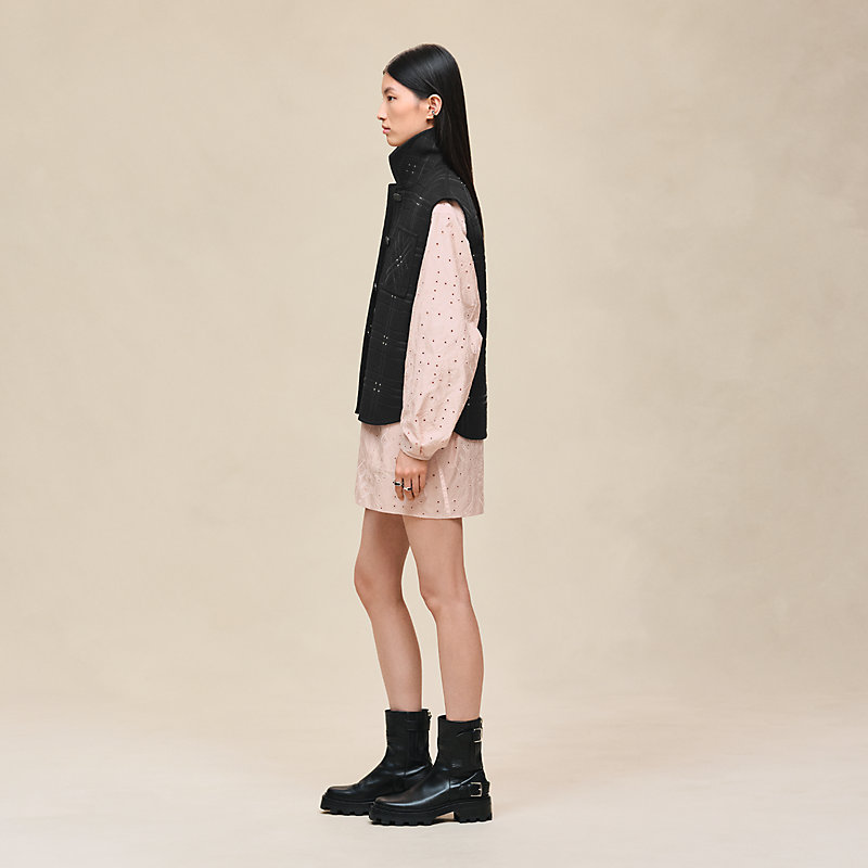 Embroidered short vest with leather detail