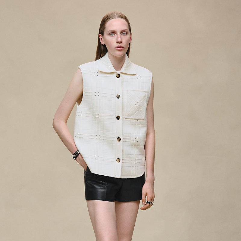 Embroidered short vest with leather detail