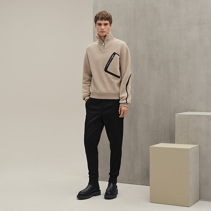 Full-zip sweater with leather detail - Blue - XS | Hermès Australia