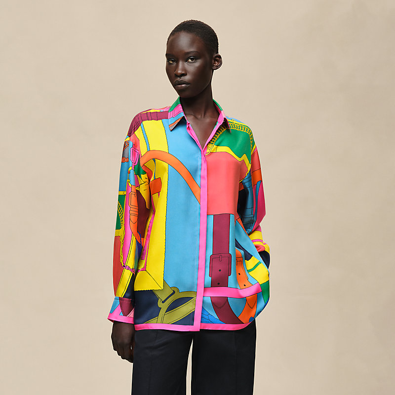 トップス HERMES Shirt The French Revolution Silk Vintage Hermes Multicolor French Revolution Commemoration Print