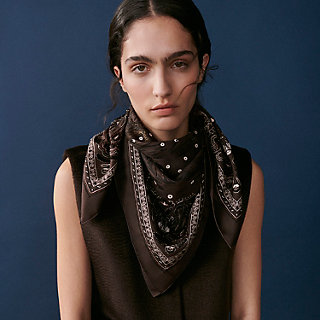 Guepards Bandana embroidered scarf 90 Brown Hermès Belgium