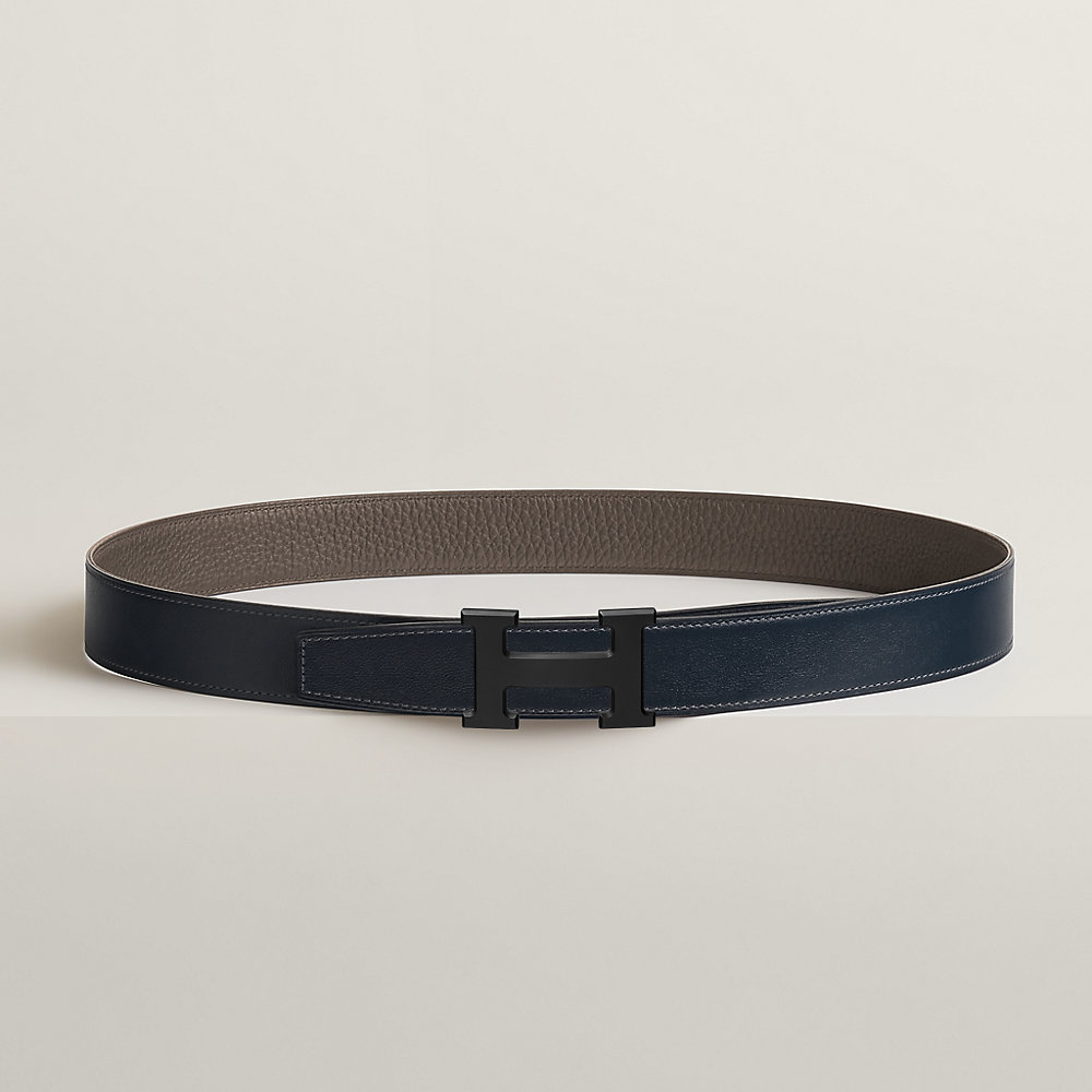 TUBE H BELT BUCKLE & REVERSIBLE KHAKI BROWN AND BLACK LEATHER STRAP 38MM SILVER HARDWARE main image 1