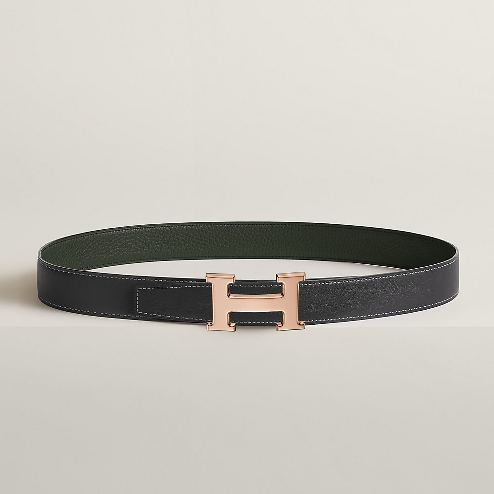 TUBE H BELT BUCKLE & REVERSIBLE BLACK AND CINNAMON BROWN LEATHER STRAP 38MM SILVER  HARDWARE