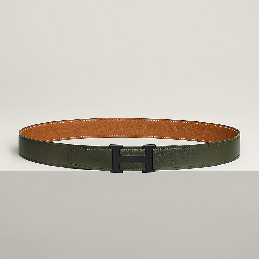 HM  BELT BUCKLE & REVERSIBLE GREY PASTEL AND BLACK LEATHER STRAP 38MM SILVER HARDWARE
