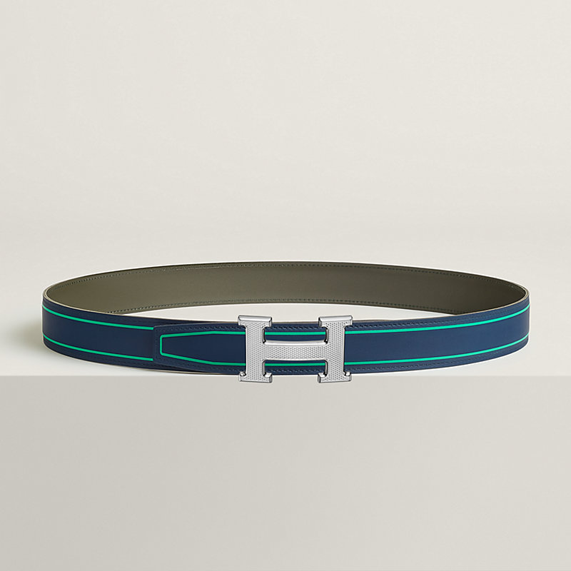 H Guillochee belt buckle & Contrast reversible leather strap 32 mm