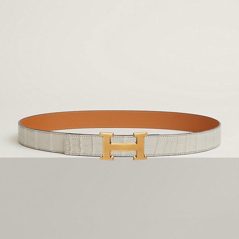 H Guillochee belt buckle & Leather strap 32 mm
