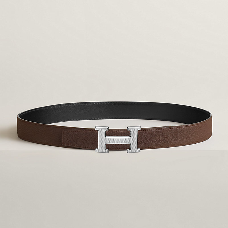 H Guillochee belt buckle & Reversible leather strap 32 mm