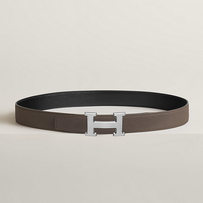 H Guillochee belt buckle & Reversible leather strap 32 mm