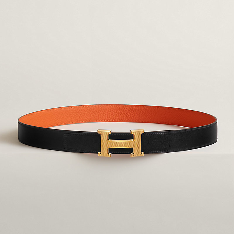 H Guillochee belt buckle & Reversible leather strap 32 mm