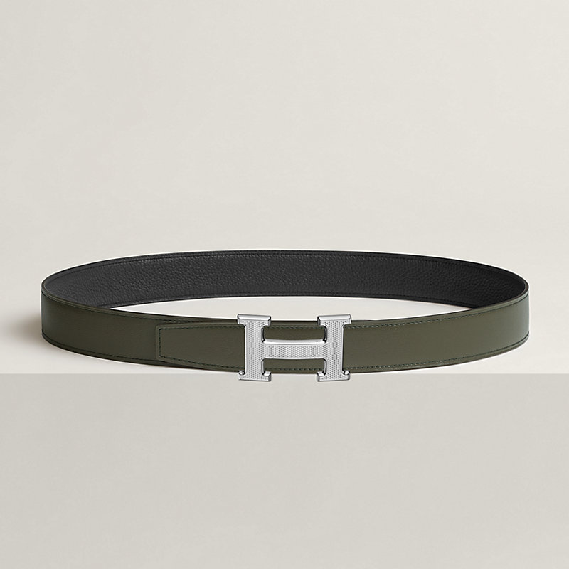 H Guillochee belt buckle & Reversible leather strap 32 mm