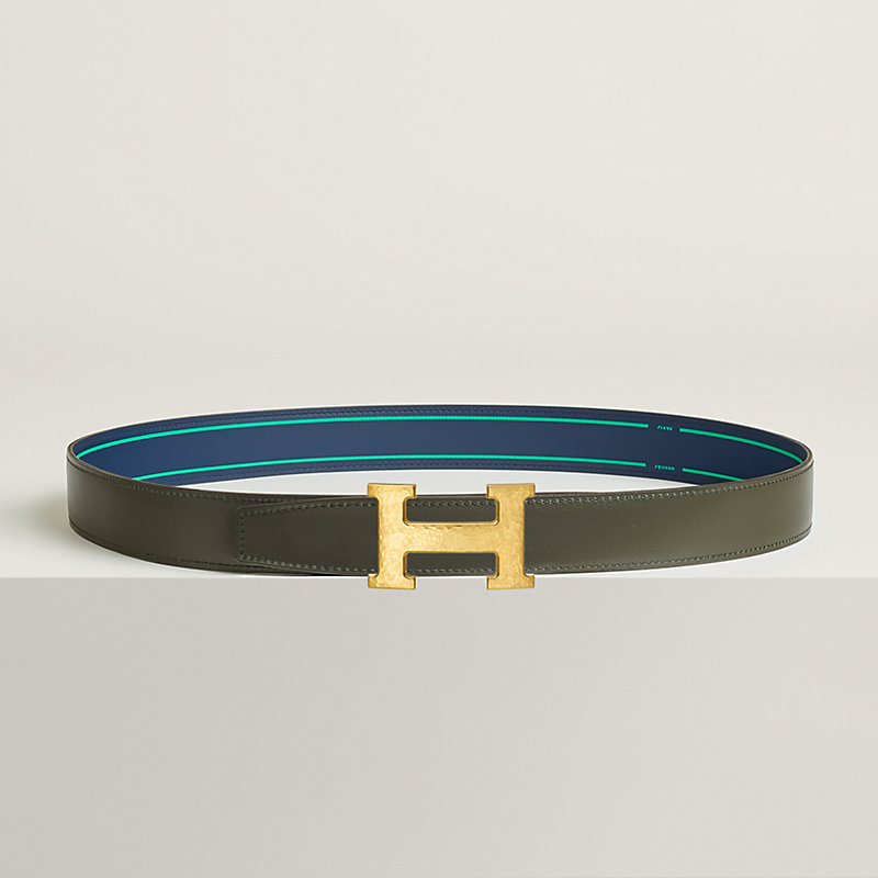 HERMES ベルト 黒 グリーン H Martelee belt buckle & Contrast reversible leather strap 32 mm