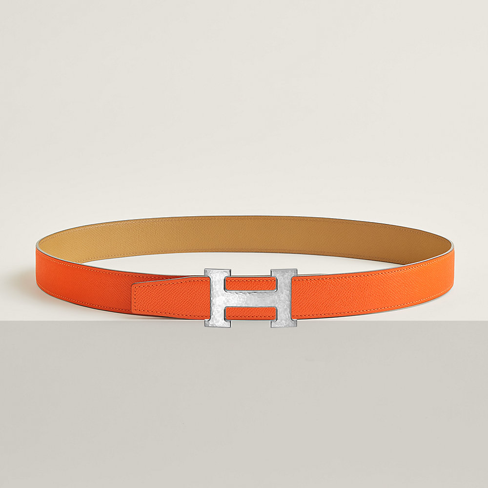 HM MAILLON H BELT BUCKLE & REVERSIBLE CIDER ORANGE LEATHER STRAP 13 MM SILVER HARDWARE