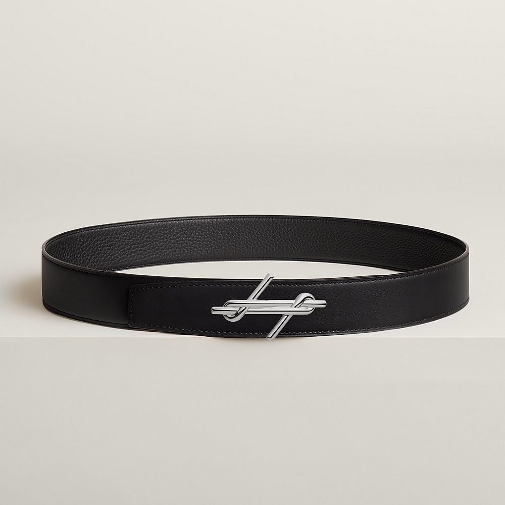 HM BELT BUCKLE & REVERSIBLE BLACK LEATHER STRAP 38MM SILVER HARDWARE