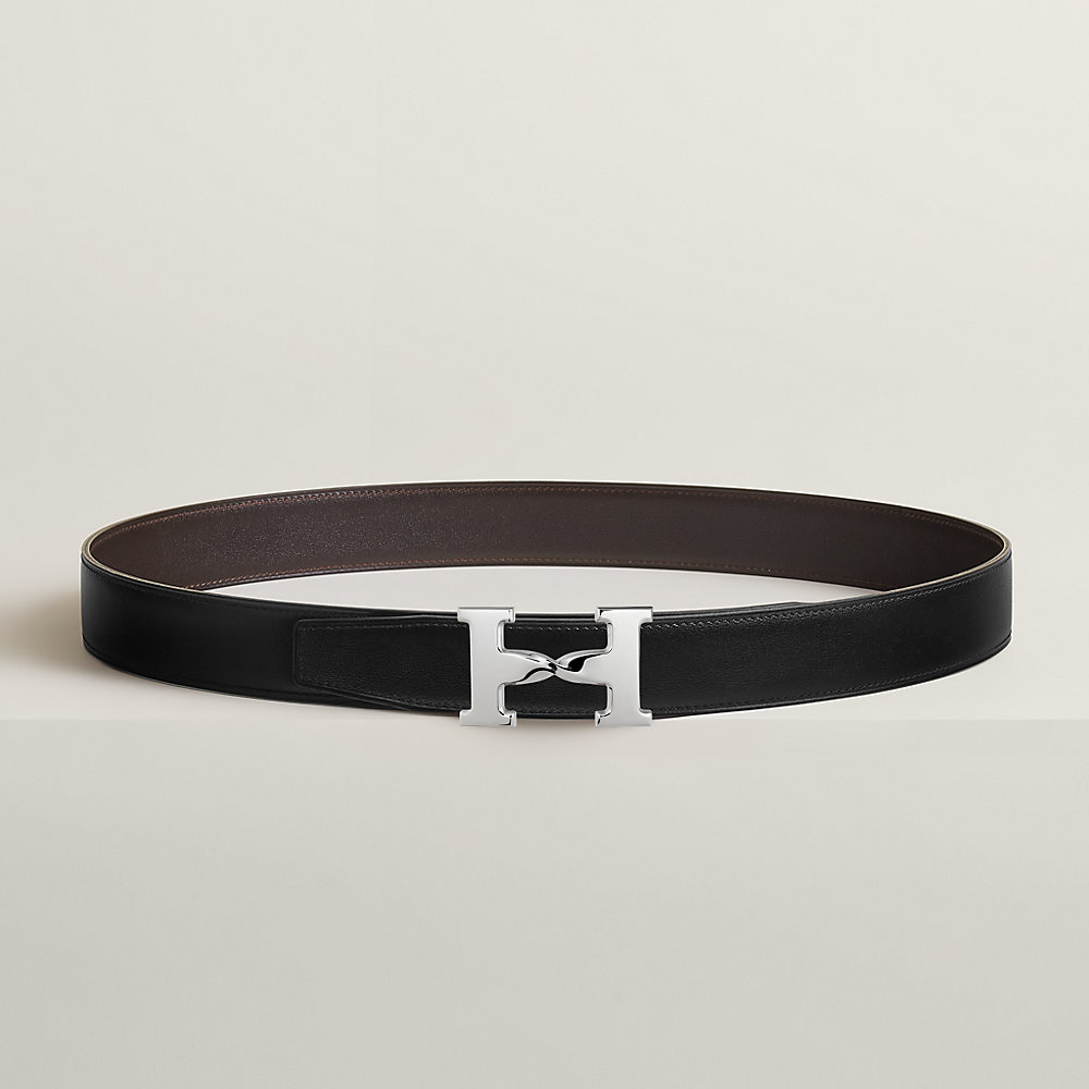H TWIN REVERSIBLE BELT 32MM SILVER BUCKLE CHOCOLATE DARK BLUE LEATHER