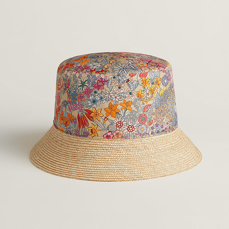 Authentic Hermes Patterned Bucket Hat Hermes Straw Silk Cotton Harper Bloom Bucket Hat 58 Naturel  main image 4
