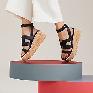 Black Hermes Leather Strappy Wedge Sandals