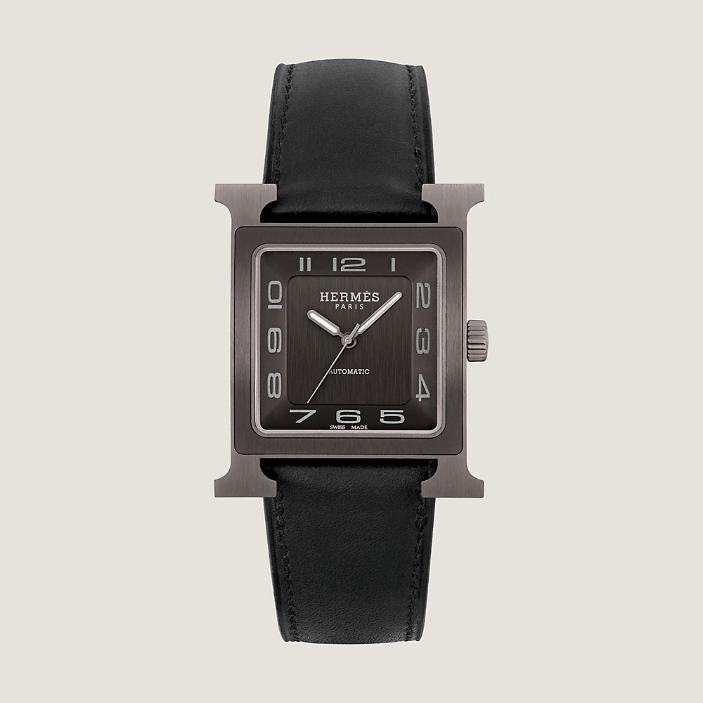Men's Heure H 34mm Titanium & Leather Strap Watch - Black