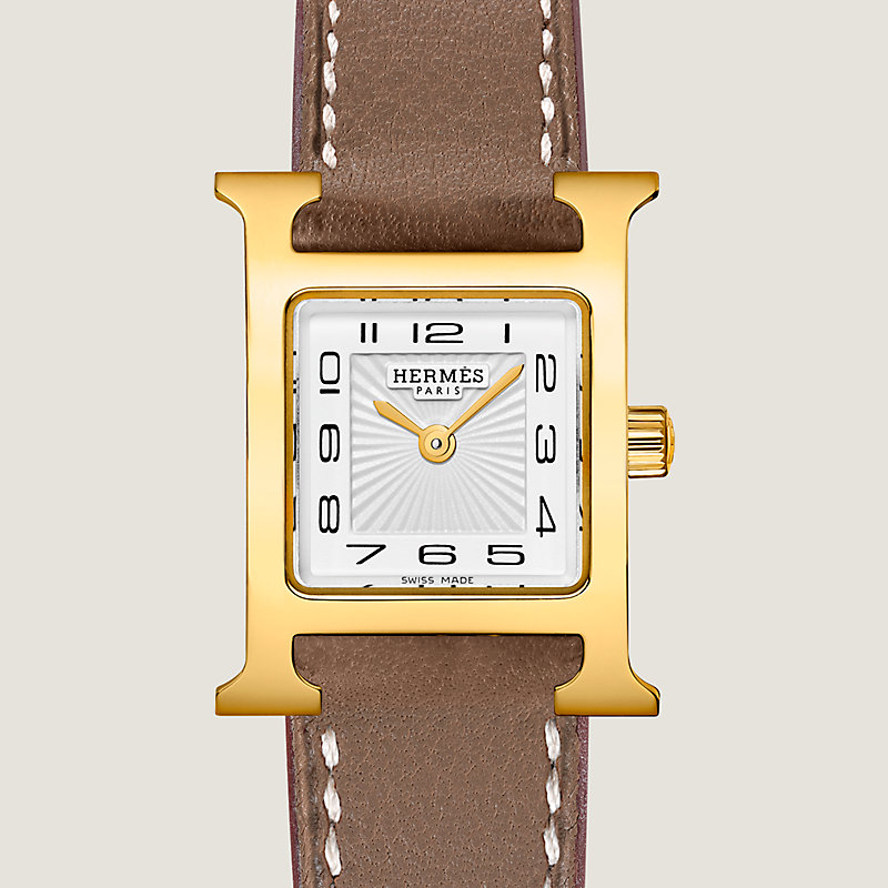 Hermes 21mm Etoupe Swift Leather and Gold Plated Heure H Quartz