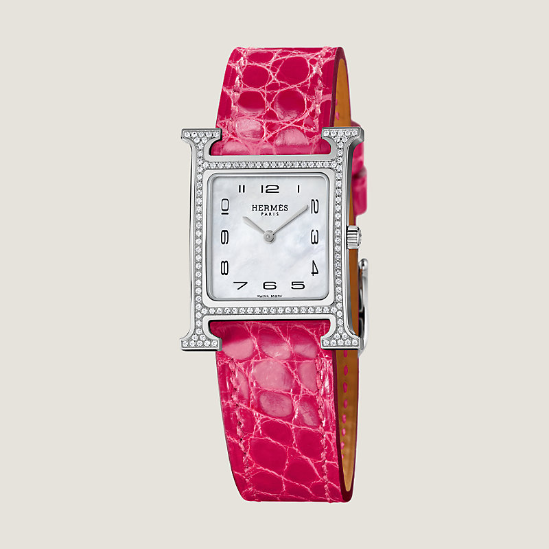 Hermes Diamond H Hour Heure Watch Raspberry Pink Crocodile Strap