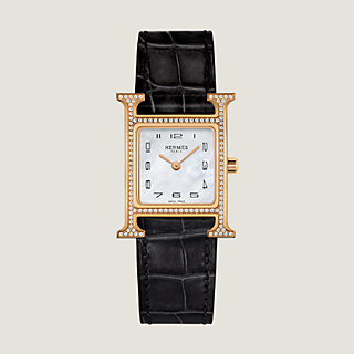 Hermes H Heure Watch Small Model Rose Gold Full Diamond Case – labelluxe