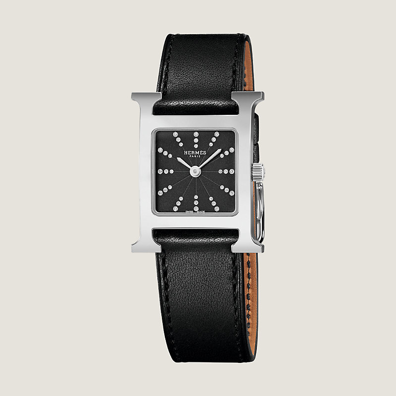 Hermes Black Epsom Leather Stainless Steel Diamond Heure H Mini Quartz Watch