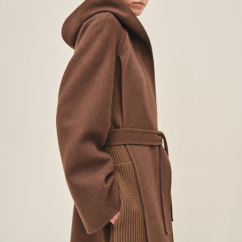 Hooded coat with knit detail
