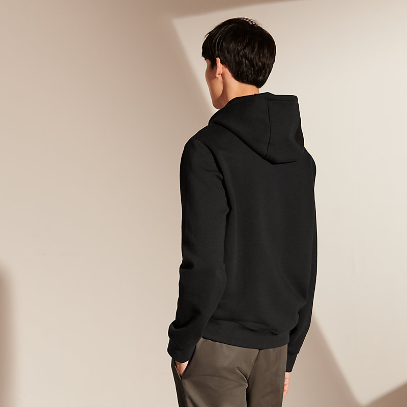【カッコイイ】HERMES \"llerie au Carre\" hooded sweater Hermes Men's Hooded Sweater w/ Leather Detail Gris Hoodie