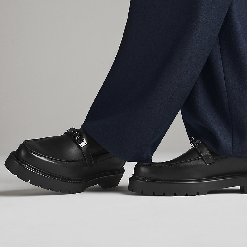 HERMES ローファー　ブラック　レザー　Hロゴ 22.5cm M11294 エルメス ヒッチ Hロゴ レザー 厚底 ローファー ブラック