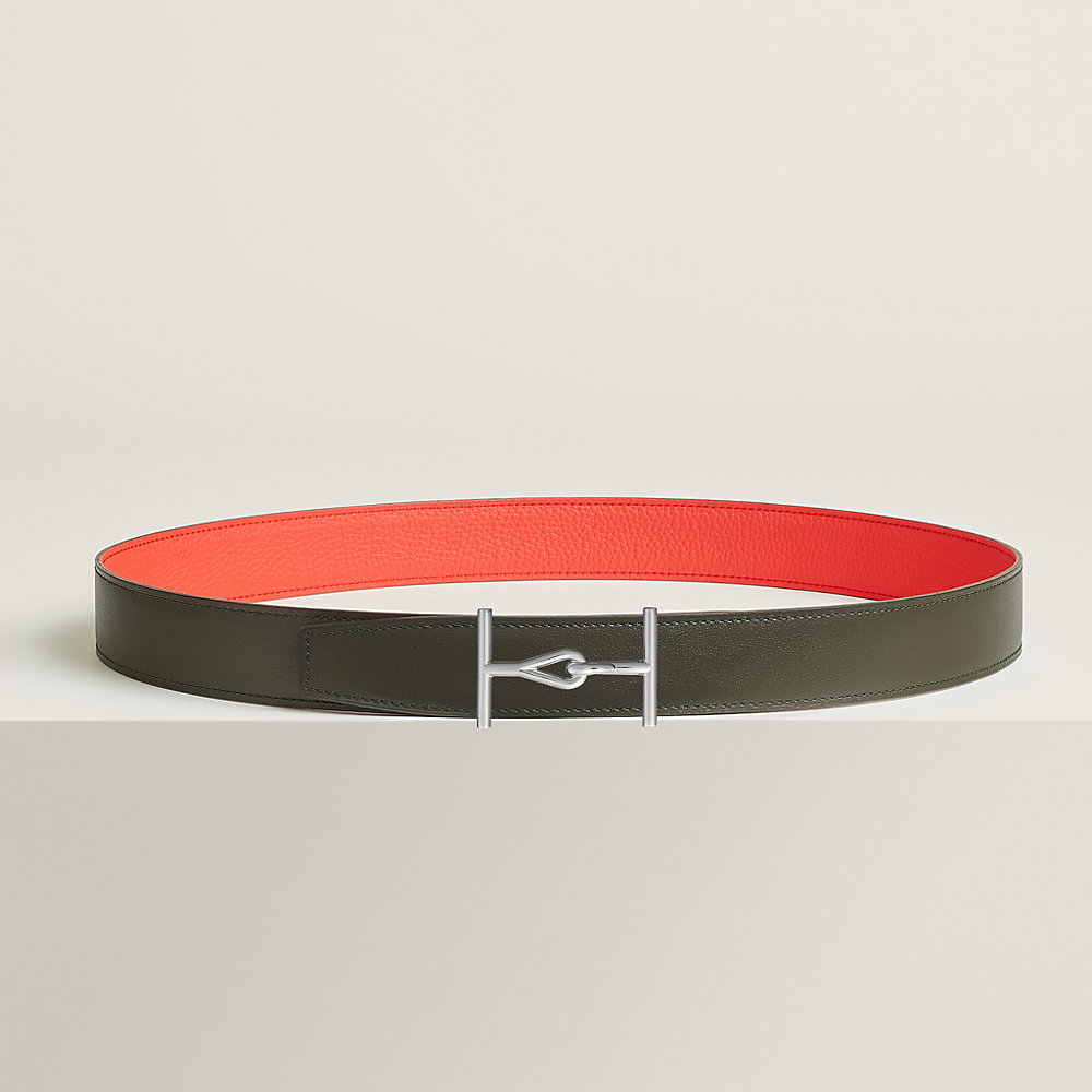 HM ROYAL BELT BUCKLE & REVERSIBLE NOIR AND CIDER ORANGE LEATHER STRAP 32 MM SILVER HARDWARE