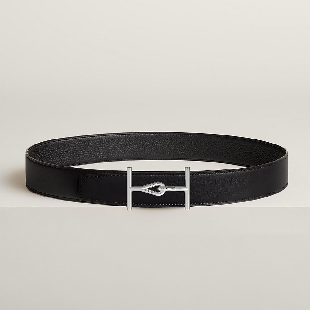 HM  BELT BUCKLE & REVERSIBLE BLACK LEATHER STRAP 38MM SILVER HARDWARE