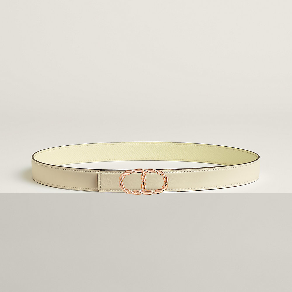 HM MAILLON H BELT BUCKLE & REVERSIBLE WHITE LEATHER STRAP 13 MM GOLD HARDWARE