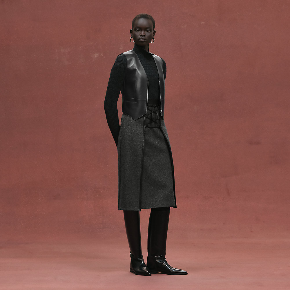 Mixed leather drawstring skirt - Grey | Hermès Canada