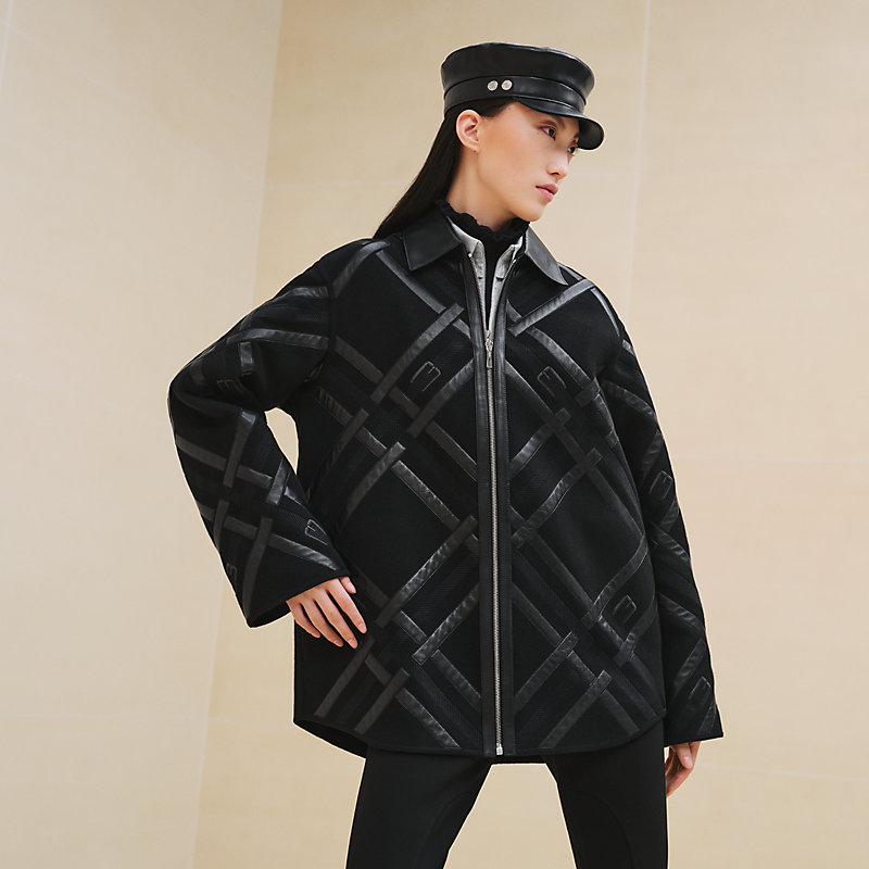 Mixed leather embroidered pea coat | Hermès UK