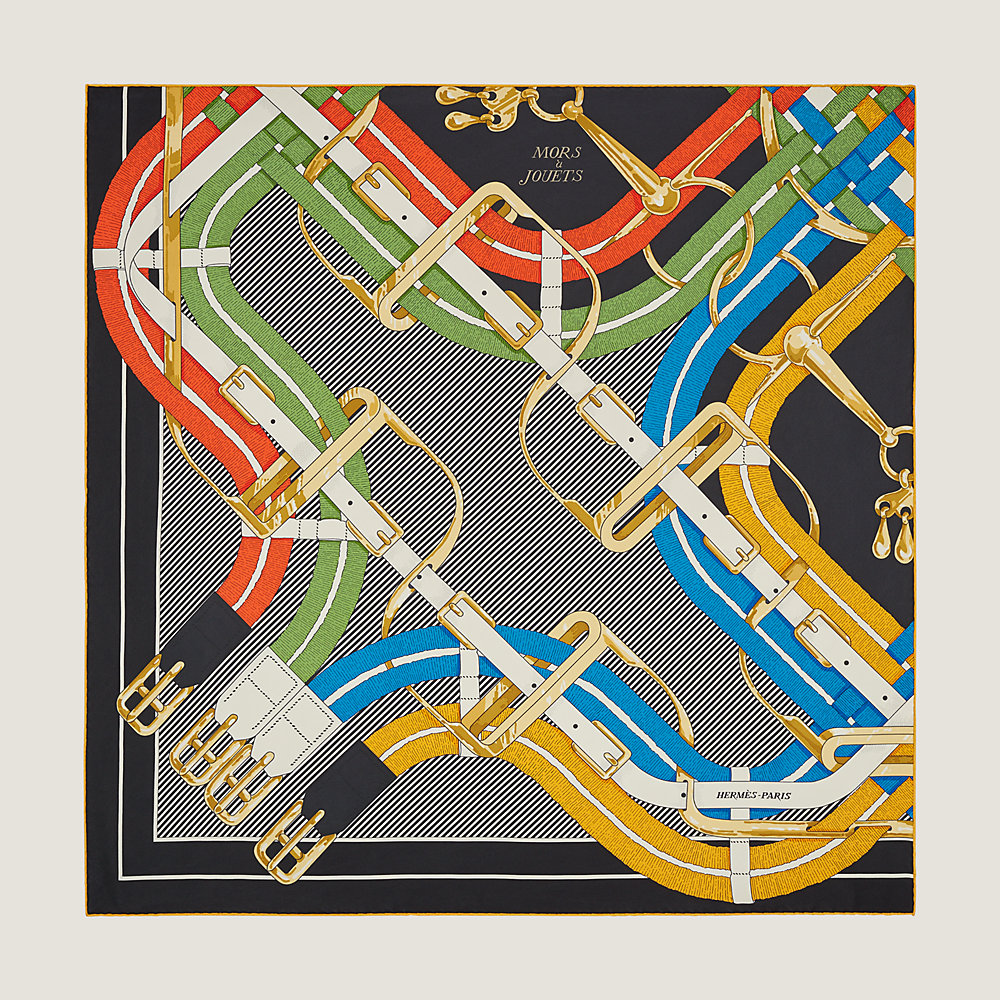 HERMES◇カレ90/MORS a JOUETS/スカーフ/シルク/マルチカラー/馬銜  