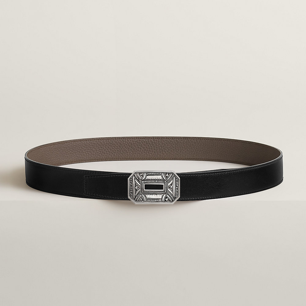 BOUCLE BELT BUCKLE & REVERSIBLE BLACK AND WHITE LEATHER STRAP 38MM SILVER HARDWARE