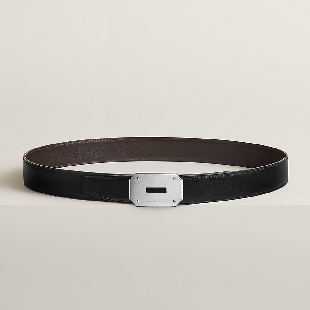 BOUCLE BELT BUCKLE & REVERSIBLE KHAKI BROWN AND WHITE LEATHER STRAP 38MM SILVER HARDWARE