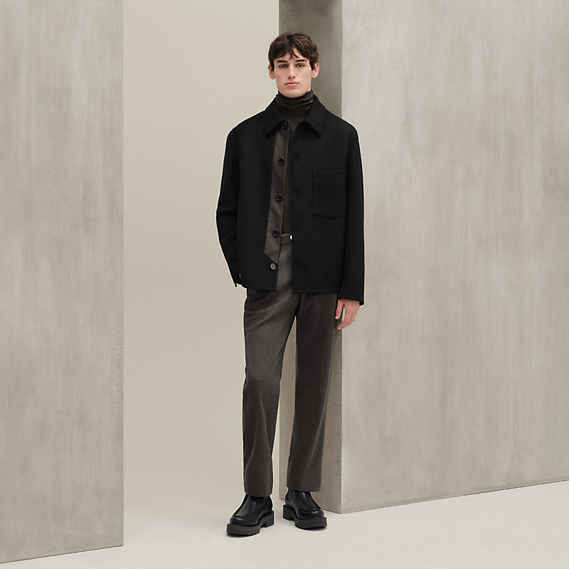 Overshirt with leather detail - 58 | Hermès Canada