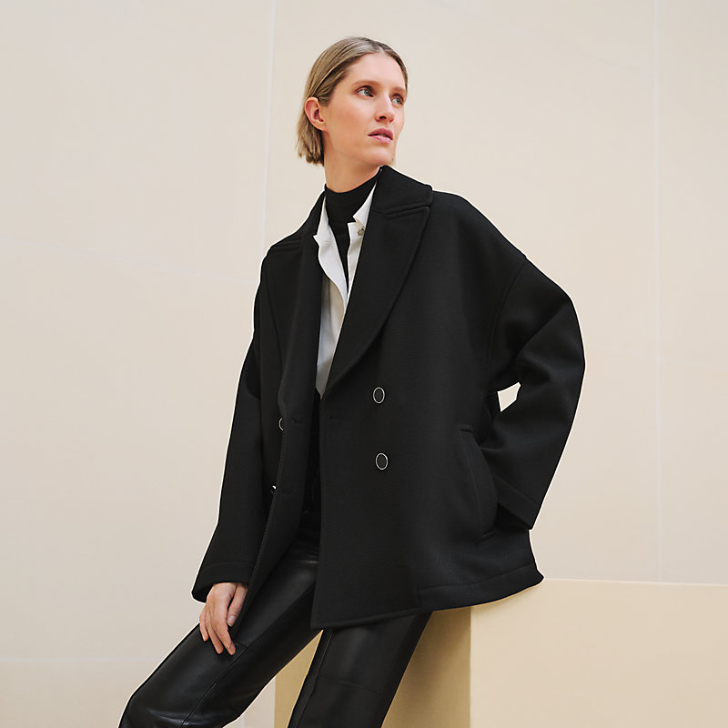 Hermes★素敵！Black Quilted Detail Wool Pea Coat NWT Hermes Black Quilted Detail Wool Pea Coat/Jacket F 34/US